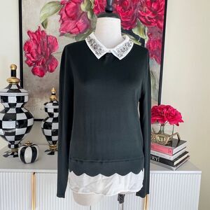 Belldini Women's Rhinestone Collar Long Sleeve Sweater Dark Forest Medium NWT